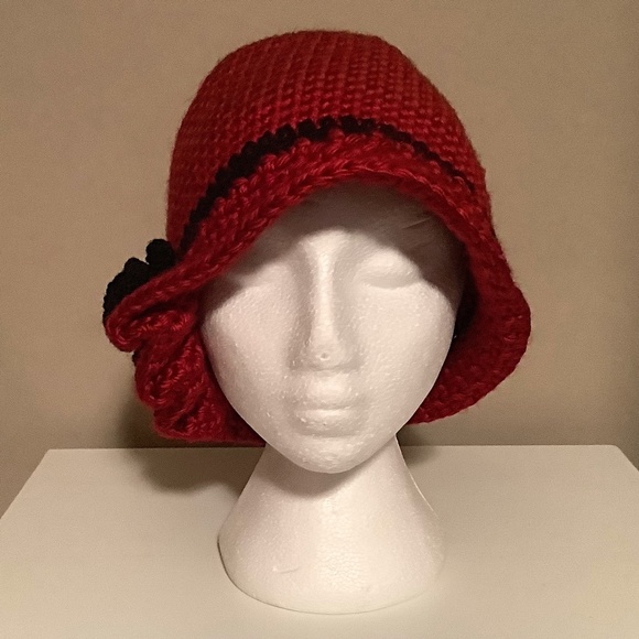 Ladies beautiful Red crocheted cloche hat with black trim, one of a kind